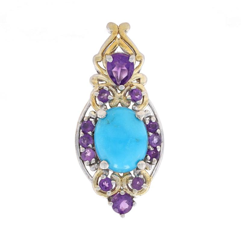 Metal Content: Sterling Silver (gold plated)

Stone Information
Natural Turquoise
Treatment: Routinely Enhanced
Color: Blue

Natural Amethysts
Color: Purple

Measurements
Tall: 1 3/16