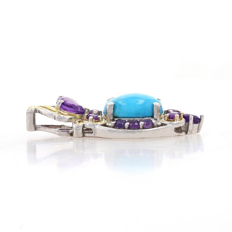 Oval Cut Sterling Silver Turquoise & Amethyst Pendant - 925 Gold Plated Scrollwork For Sale