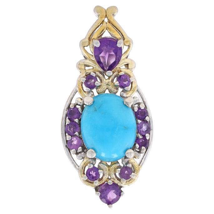 Sterling Silver Turquoise & Amethyst Pendant - 925 Gold Plated Scrollwork For Sale