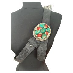 Sterling Silver Turquoise and Coral Belt Buckle by Vandever Native American