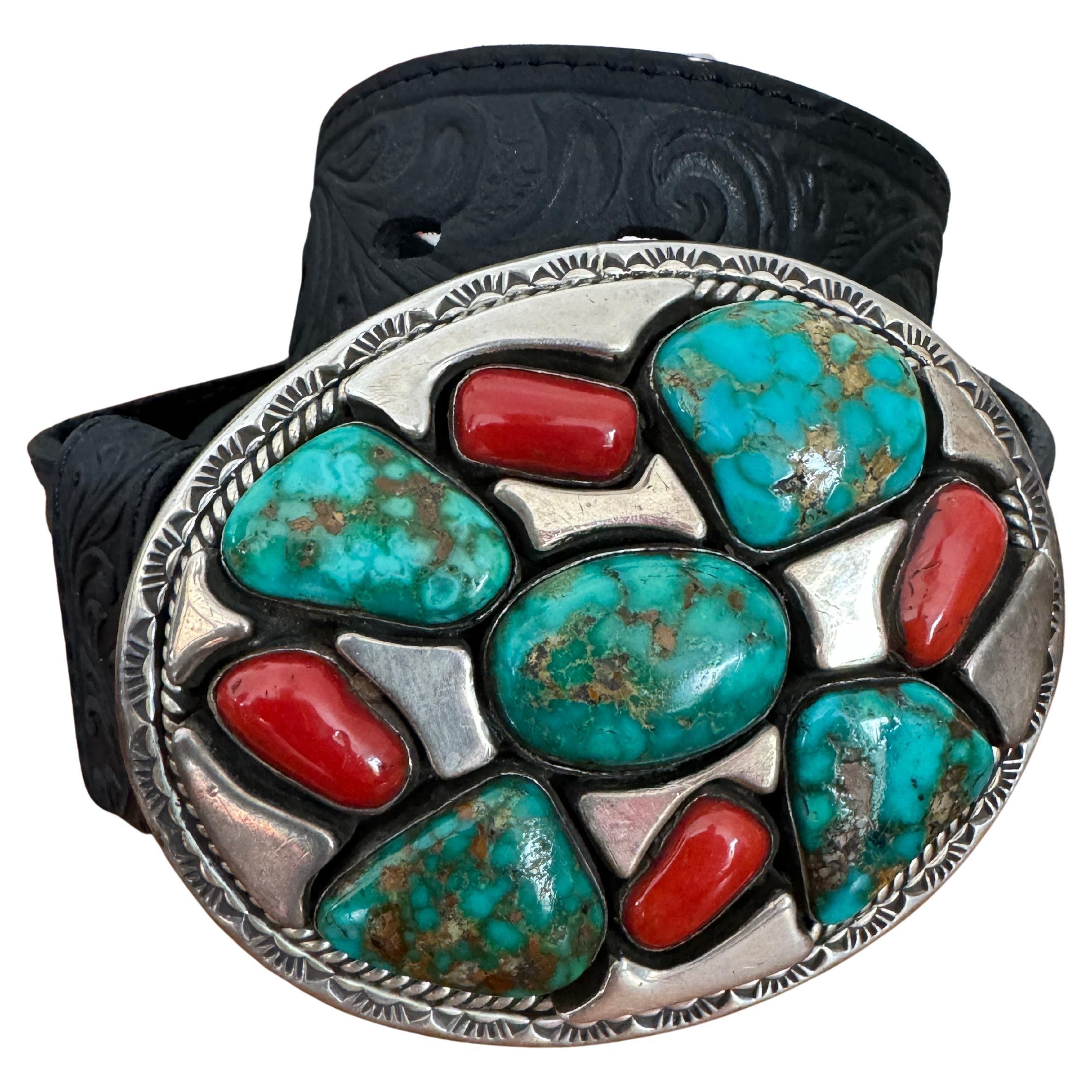 Sterling Silver Turquoise and Coral Belt Buckle by Vandever Native American