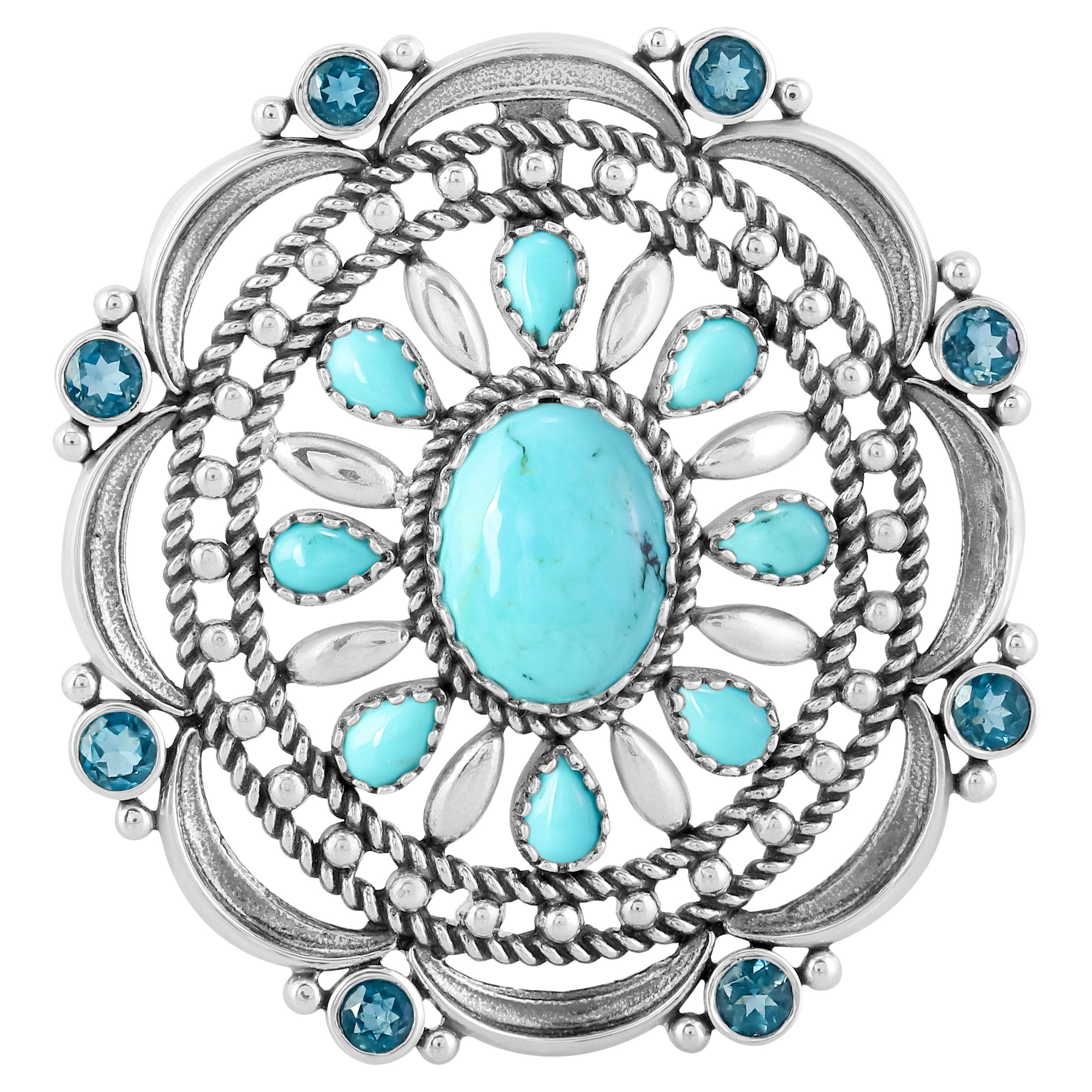 Sterling Silver Turquoise and London Blue Topaz Statement Pendant Enhancer For Sale