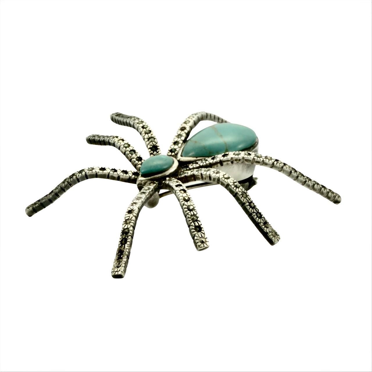 Sterling Silver Turquoise and Marcasite Spider Brooch In Good Condition For Sale In London, GB
