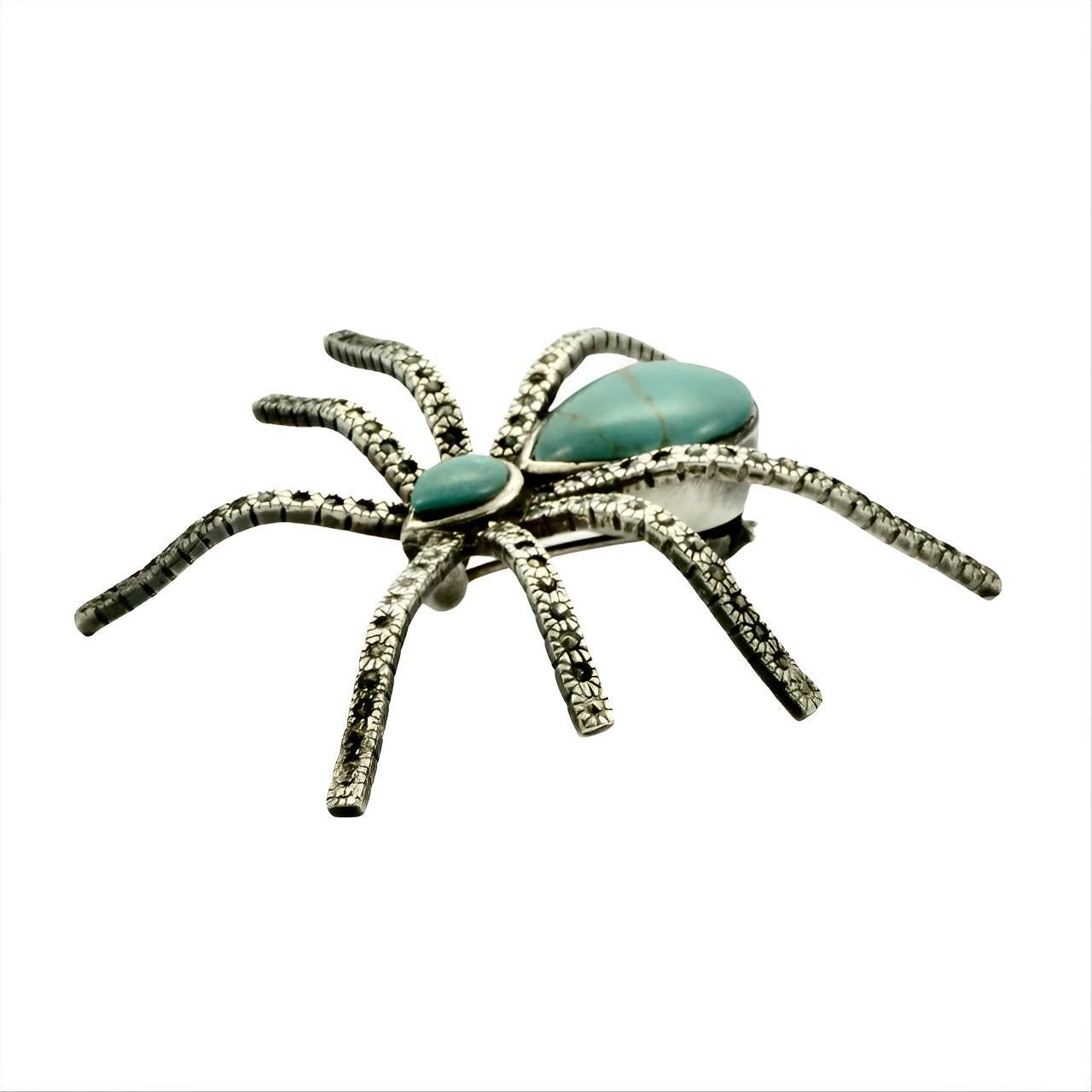 Broche araignée en argent sterling, turquoise et Marcasite Bon état - En vente à London, GB