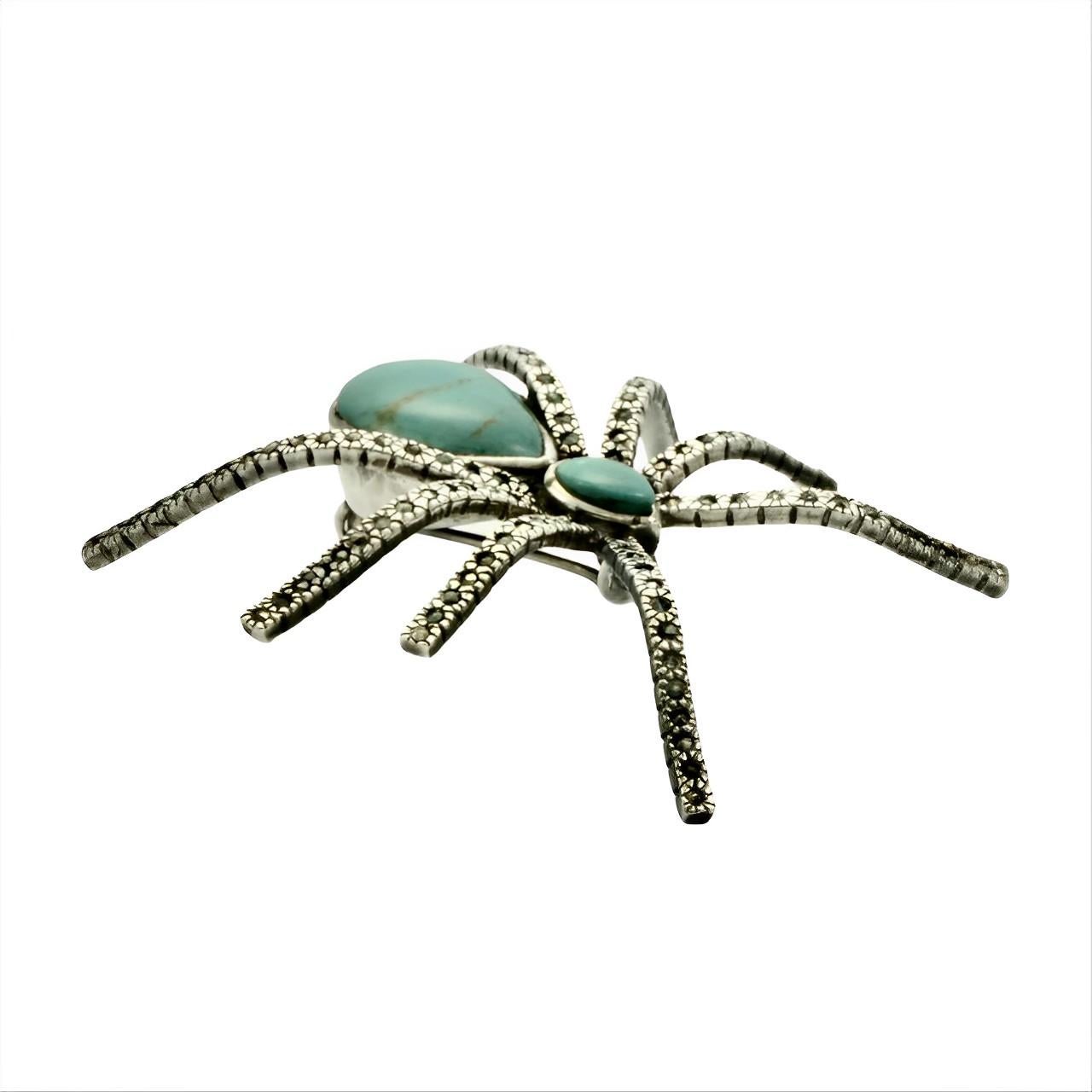 Women's or Men's Sterling Silver Turquoise and Marcasite Spider Brooch For Sale