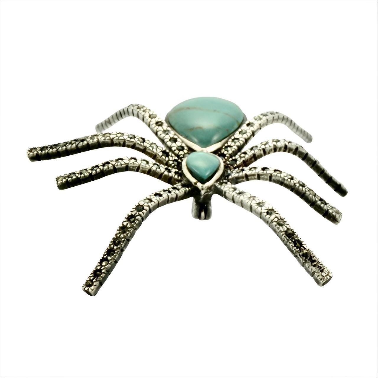 Sterling Silver Turquoise and Marcasite Spider Brooch For Sale 1