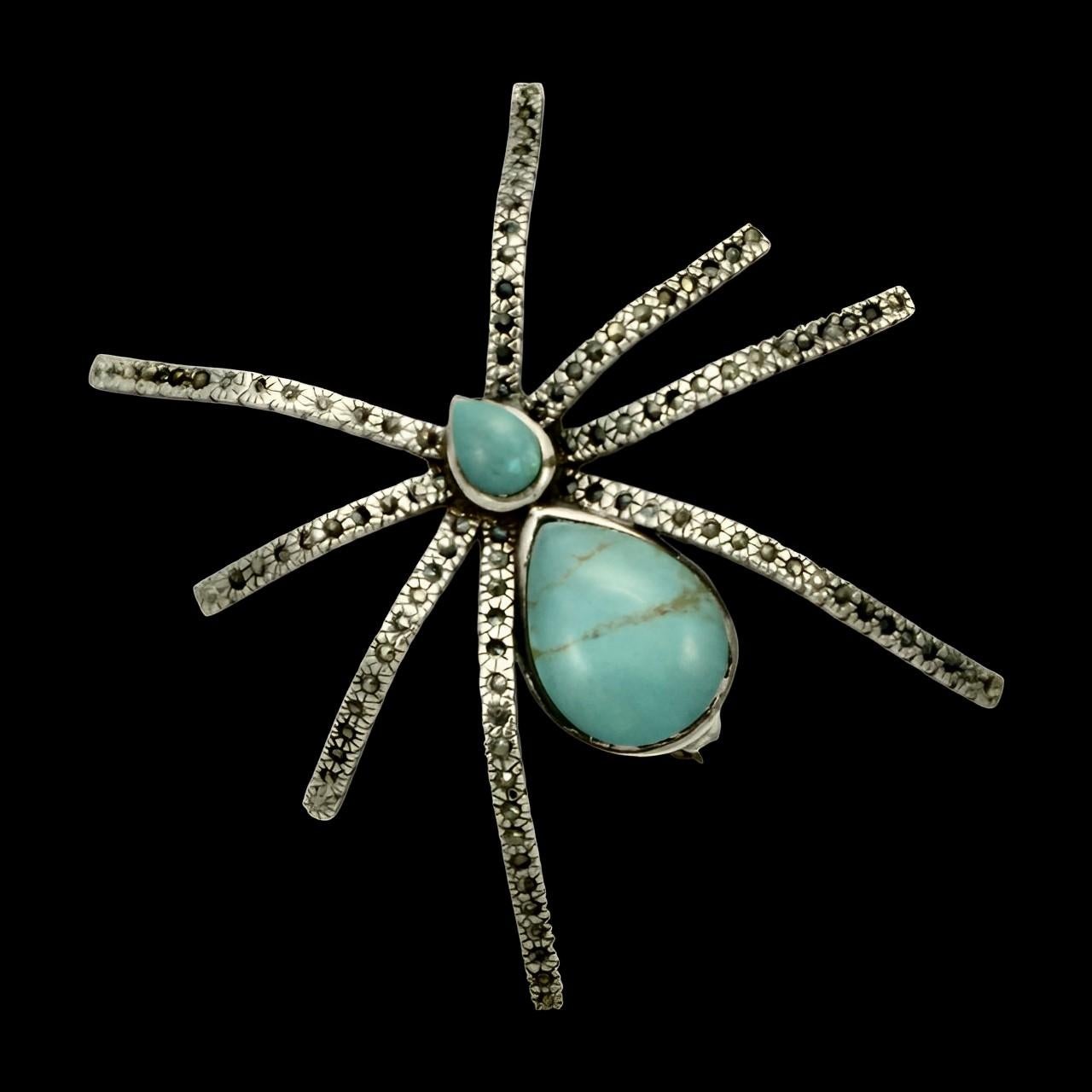Sterling Silver Turquoise and Marcasite Spider Brooch For Sale 2
