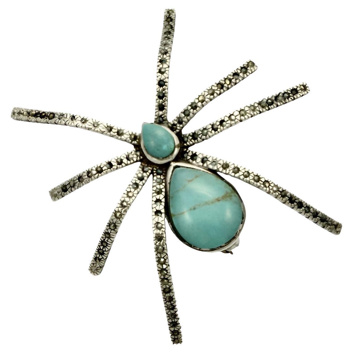 Sterling Silver Turquoise and Marcasite Spider Brooch For Sale