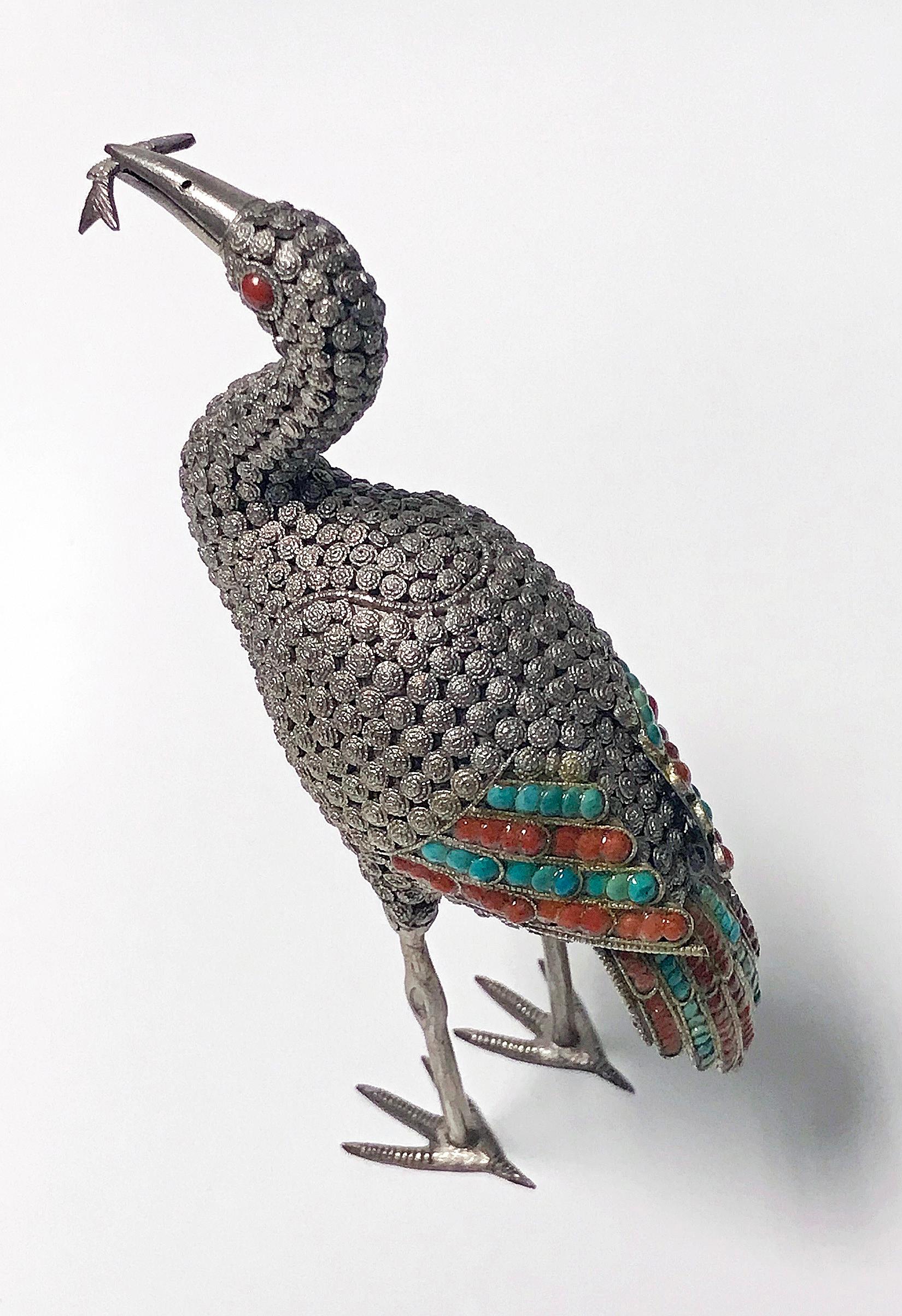 Sterling Silver Turquoise and Red Stone Inlay Heron Egrit  Chinese, circa 1950 In Good Condition In Toronto, Ontario