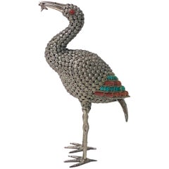 Sterling Silver Turquoise and Red Stone Inlay Heron Egrit Chinese, circa 1950