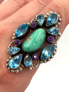 Sterling Silver Turquoise and Topaz Ring Size 7 ¼ by Leo Feeney