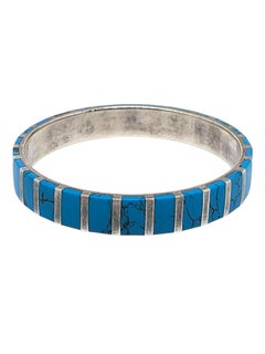 Pulsera tipo brazalete de plata de ley con incrustaciones de turquesa en canal #24667