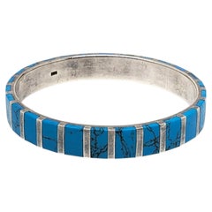 Pulsera tipo brazalete de plata de ley con incrustaciones de turquesa en canal #24667