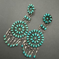 Sterling Silver Turquoise Cluster Dangle Earrings, Southwestern Style