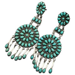 Sterling Silver Turquoise Cluster Dangle Earrings, Southwestern Style