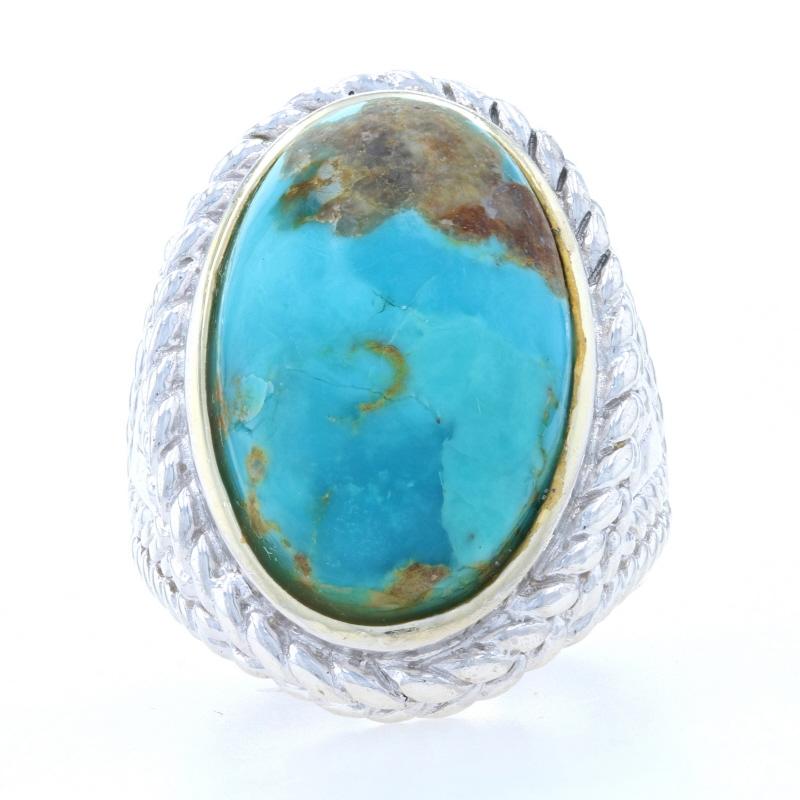 Size: 8

Metal Content: 925 Sterling Silver (gold plated)

Stone Information
Genuine Turquoise (reconstituted) 
Treatment: Routinely Enhanced
Cut: Oval Cabochon
Colors: Greenish Blue & Brown

Style: Cocktail Solitaire Solitaire
Features: