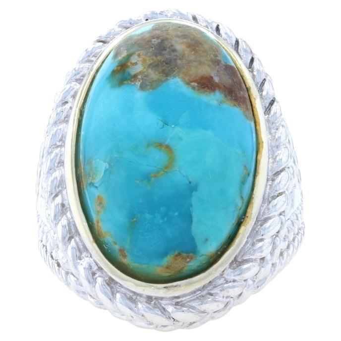 Sterling Silver Turquoise Cocktail Solitaire Ring 925 Gold Plated Oval Size 8 For Sale