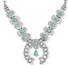 Sterling Silver Turquoise Concha Butterfly Squash Blossom Necklace, 17" to 20"