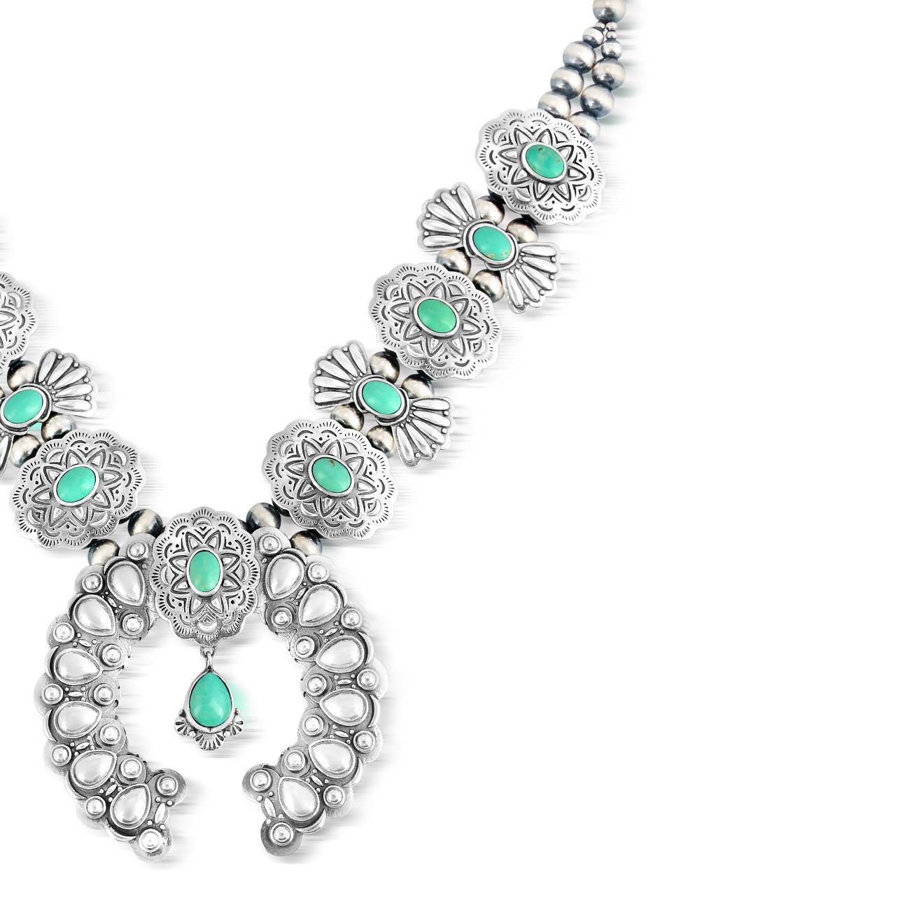 Amérindien Collier de fleurs de courge en argent Sterling Turquoise Concha Butterfly, 17