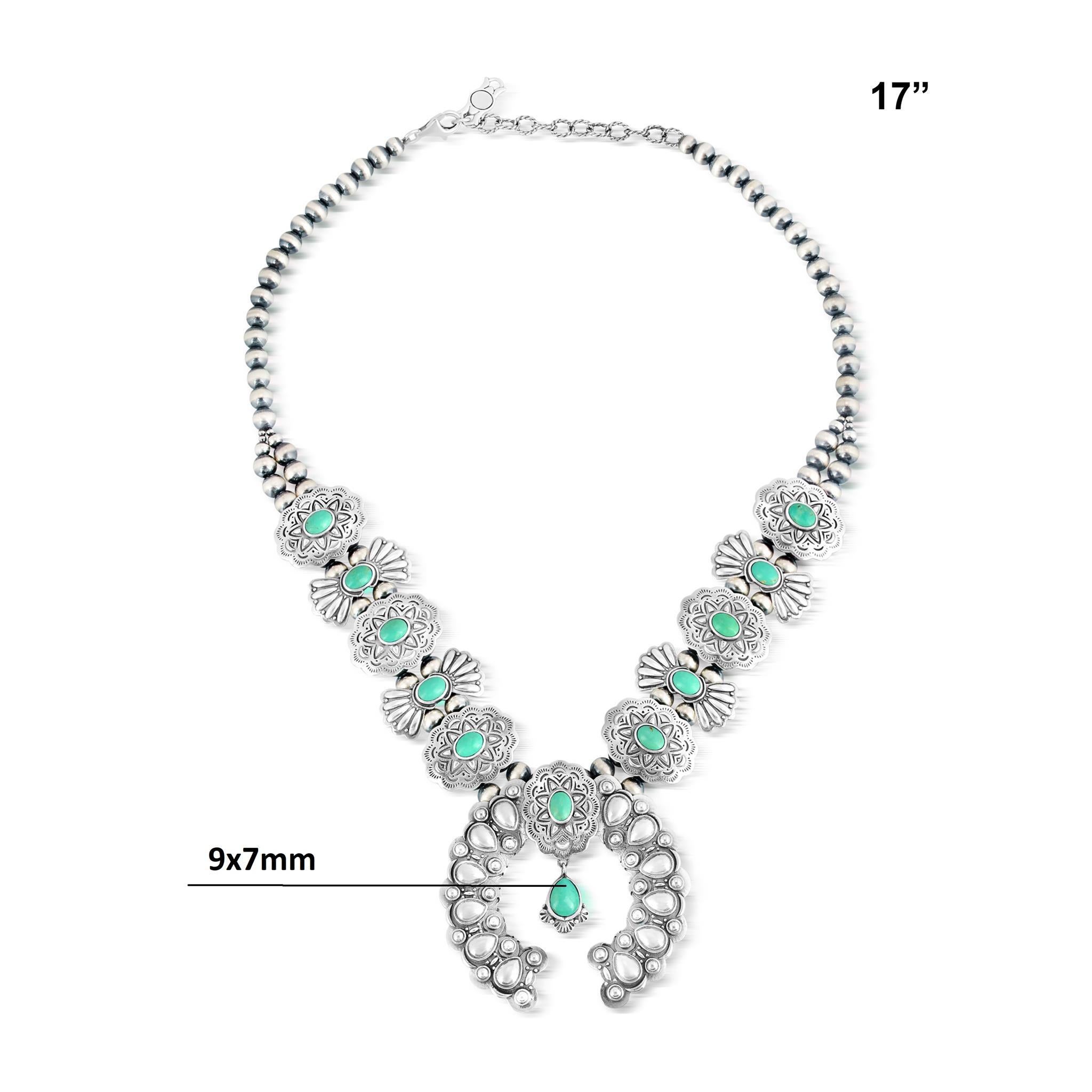 Taille ovale Collier de fleurs de courge en argent Sterling Turquoise Concha Butterfly, 17