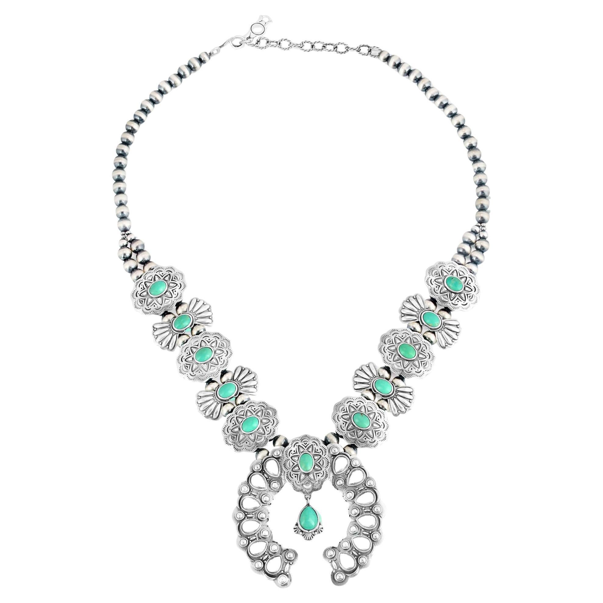 Collier de fleurs de courge en argent Sterling Turquoise Concha Butterfly, 17" à 20".