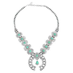 Collier de fleurs de courge en argent Sterling Turquoise Concha Butterfly, 17" à 20".