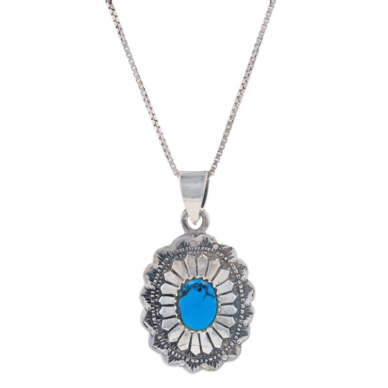 Metal Content: Sterling Silver

Stone Information

Natural Turquoise
Treatment: Routinely Enhanced
Color: Blue

Style: Solitaire
Chain Style: Box
Necklace Style: Chain
Fastening Type: Spring Ring Clasp
Theme: Concho
Features: Smoothly finished with