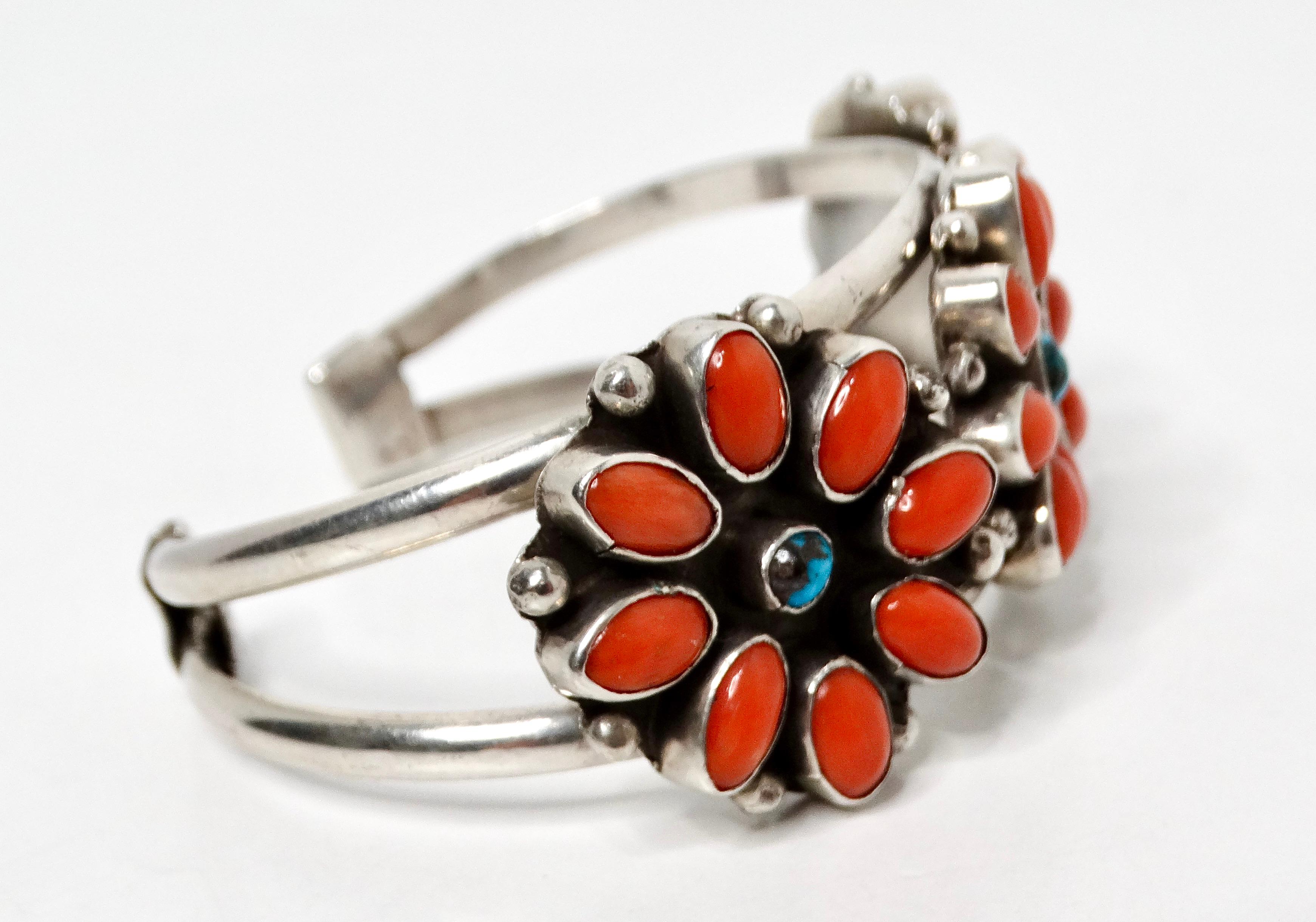 Bracelet manchette en argent turquoise et corail, circa 1970 État moyen - En vente à Scottsdale, AZ
