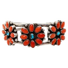 Sterling Silver Turquoise & Coral Floral Cuff Bracelet circa 1970s