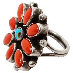 Sterling Silver Turquoise & Coral Flower Motif Ring circa 1970s