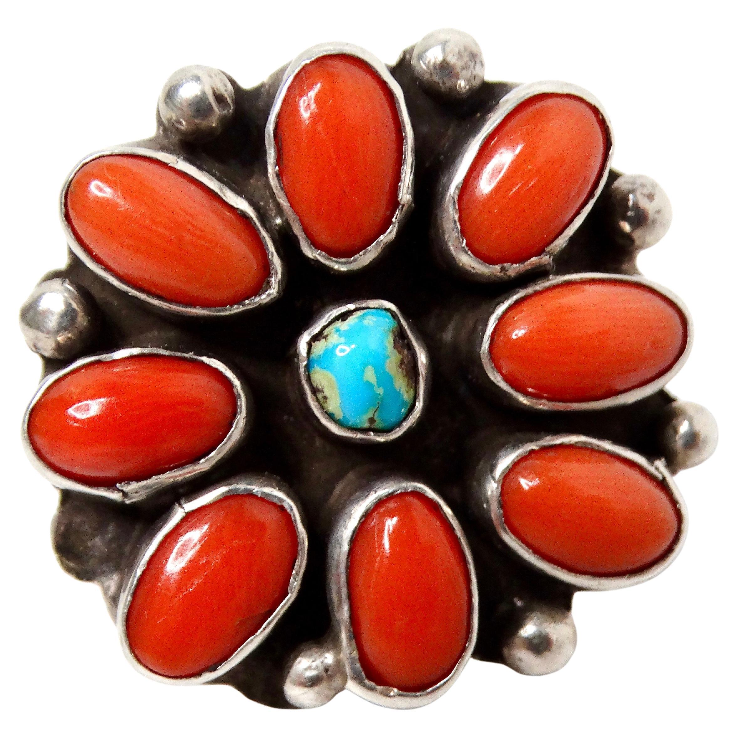 A Silver Turquoise & Coral Flower Motif Ring circa 1970s