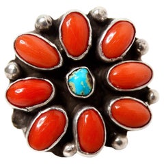 Sterling Silver Turquoise & Coral Flower Motif Ring circa 1970s