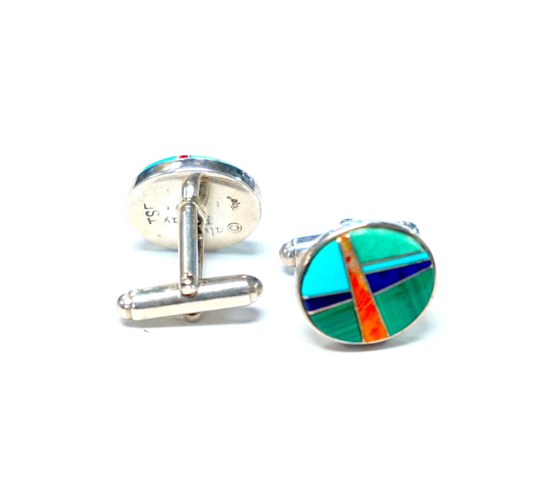Sterling Silver, Turquoise, Coral, Lapis, Malachite Cufflinks In Good Condition In Dallas, TX