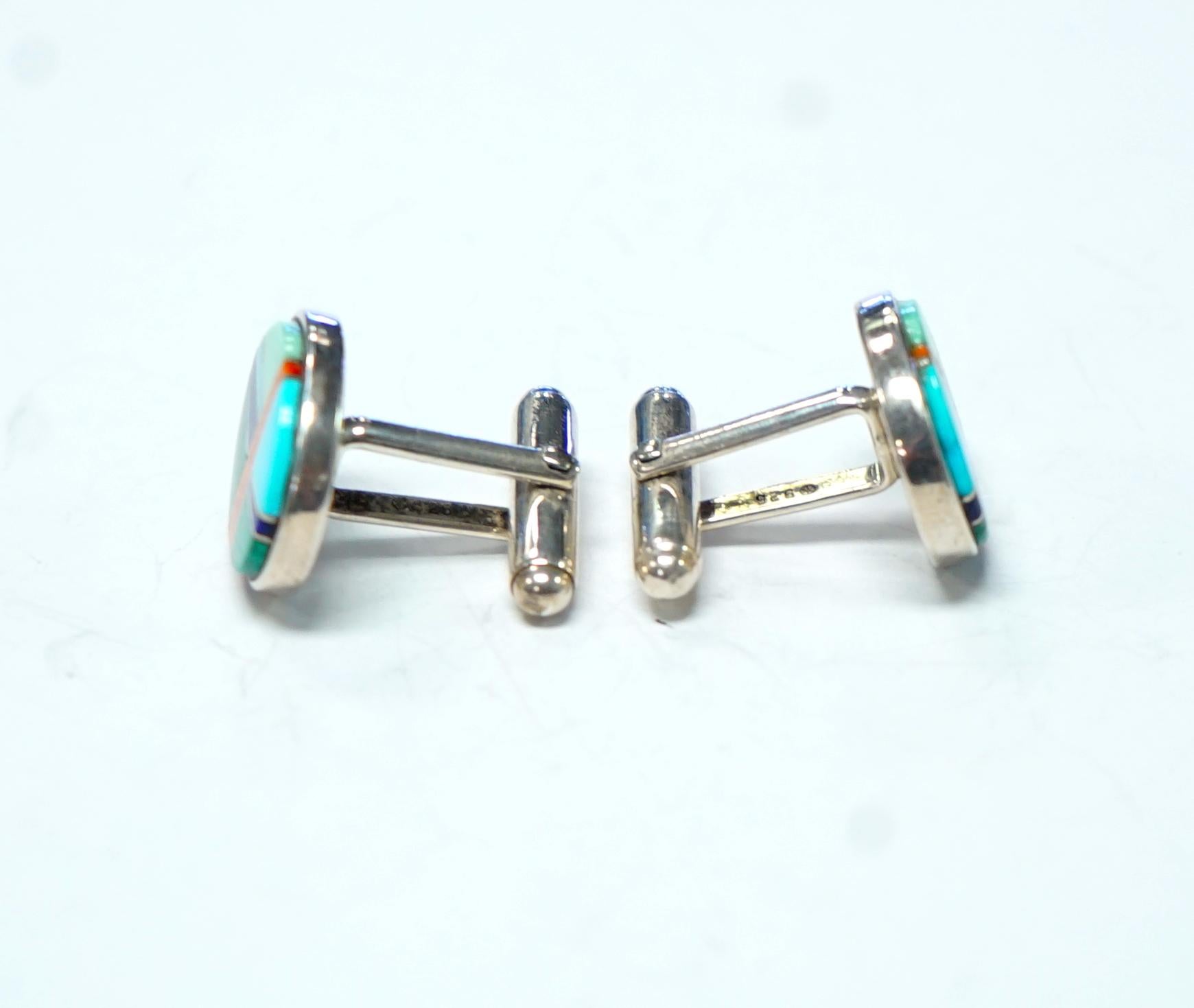 Women's or Men's Sterling Silver, Turquoise, Coral, Lapis, Malachite Cufflinks