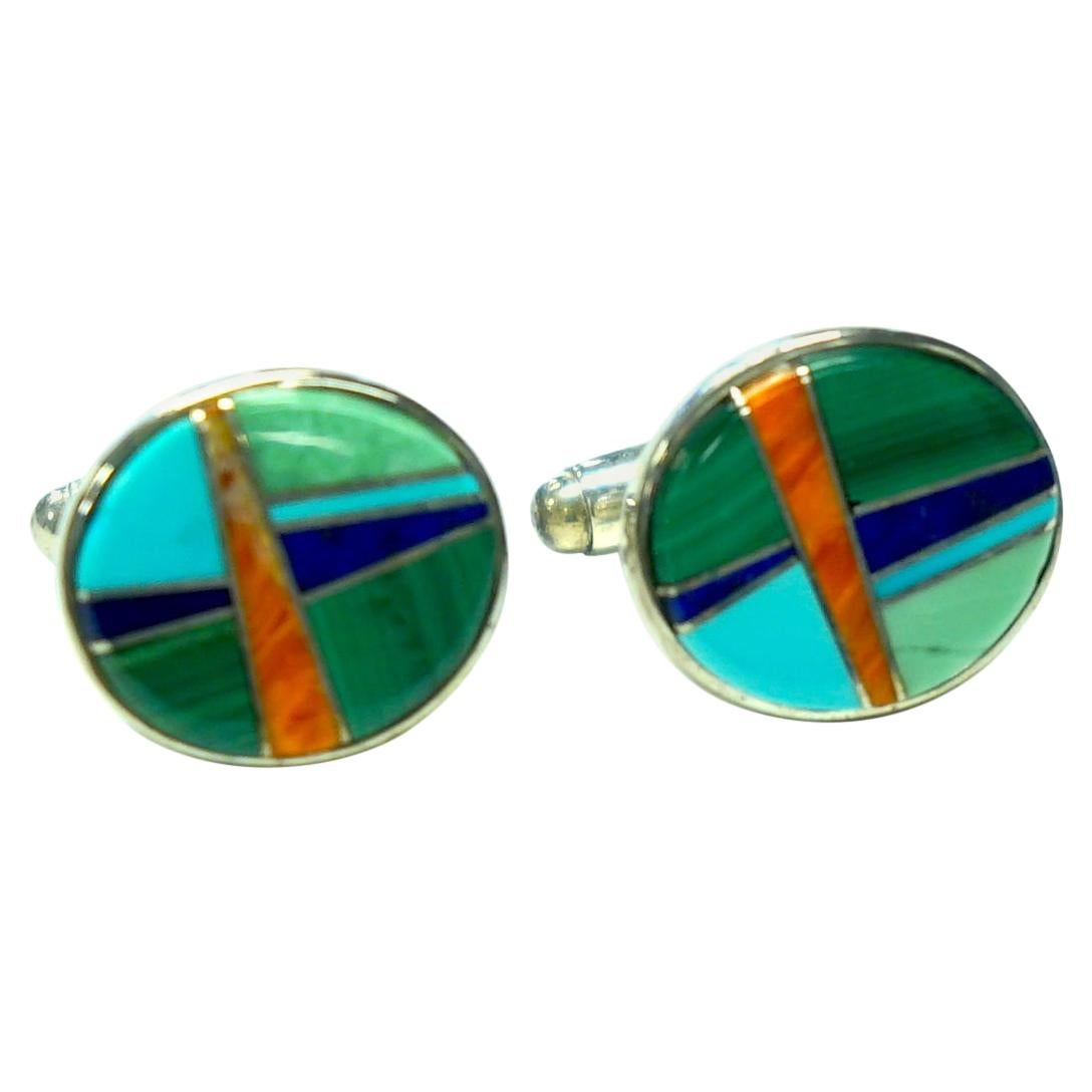 Sterling Silver, Turquoise, Coral, Lapis, Malachite Cufflinks