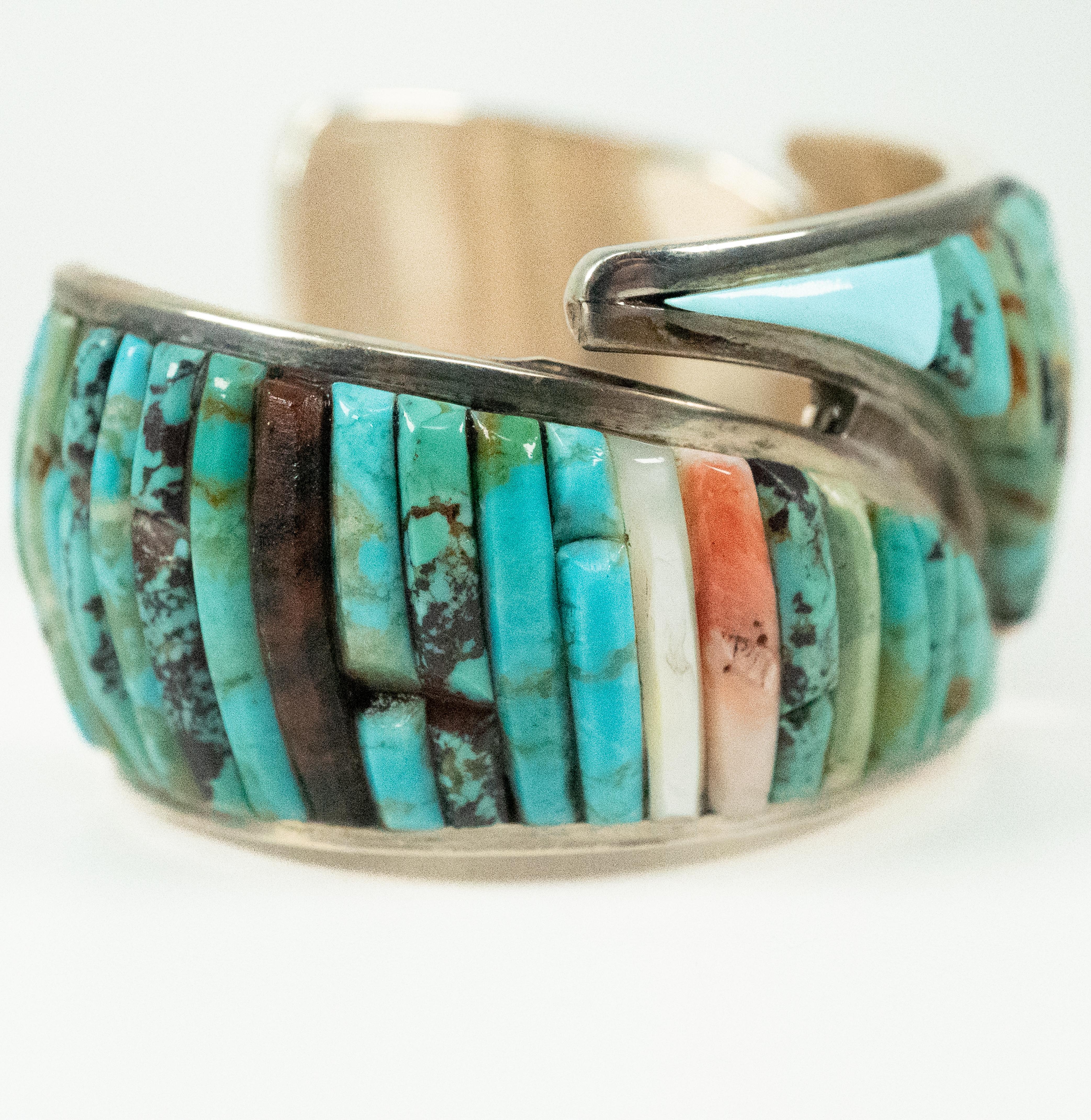 Sterling Silver Turquoise Coral Lapis Mother of Pearl Cuff Bracelet In Good Condition For Sale In Dallas, TX