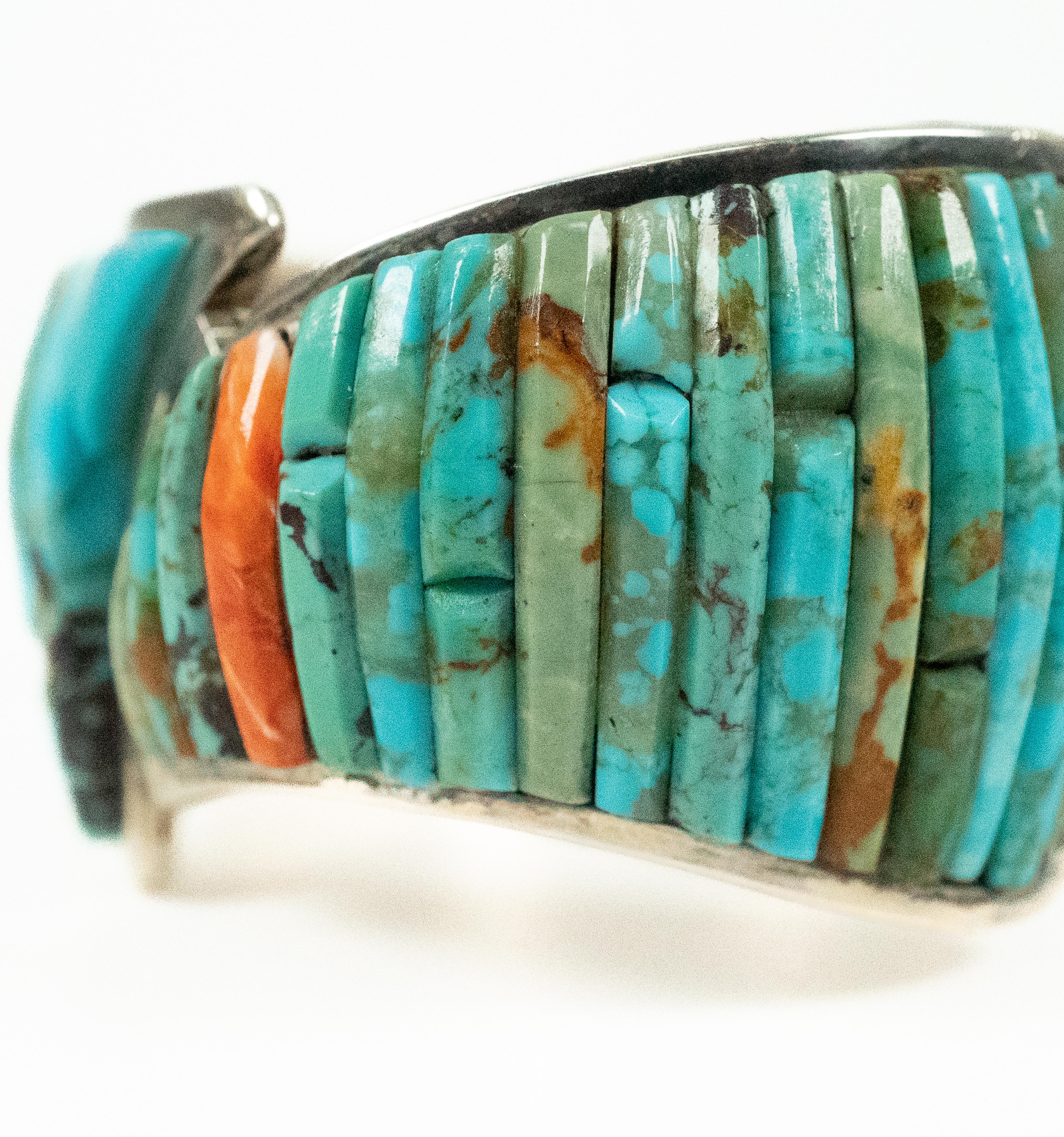 Women's or Men's Sterling Silver Turquoise Coral Lapis Mother of Pearl Cuff Bracelet For Sale