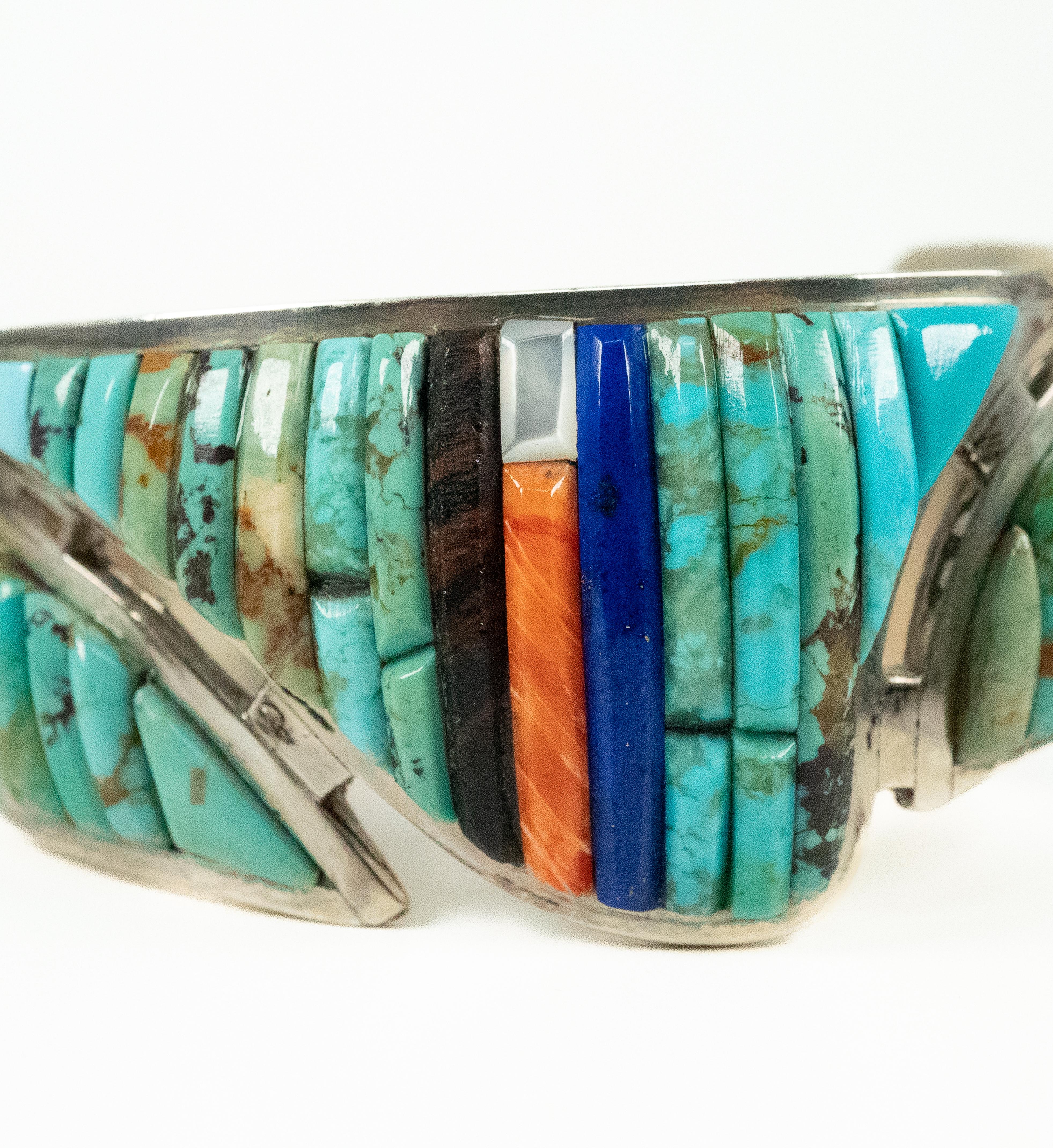 Sterling Silver Turquoise Coral Lapis Mother of Pearl Cuff Bracelet For Sale 1