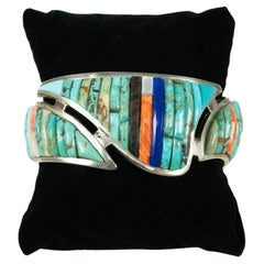 Sterling Silver Turquoise Coral Lapis Mother of Pearl Cuff Bracelet