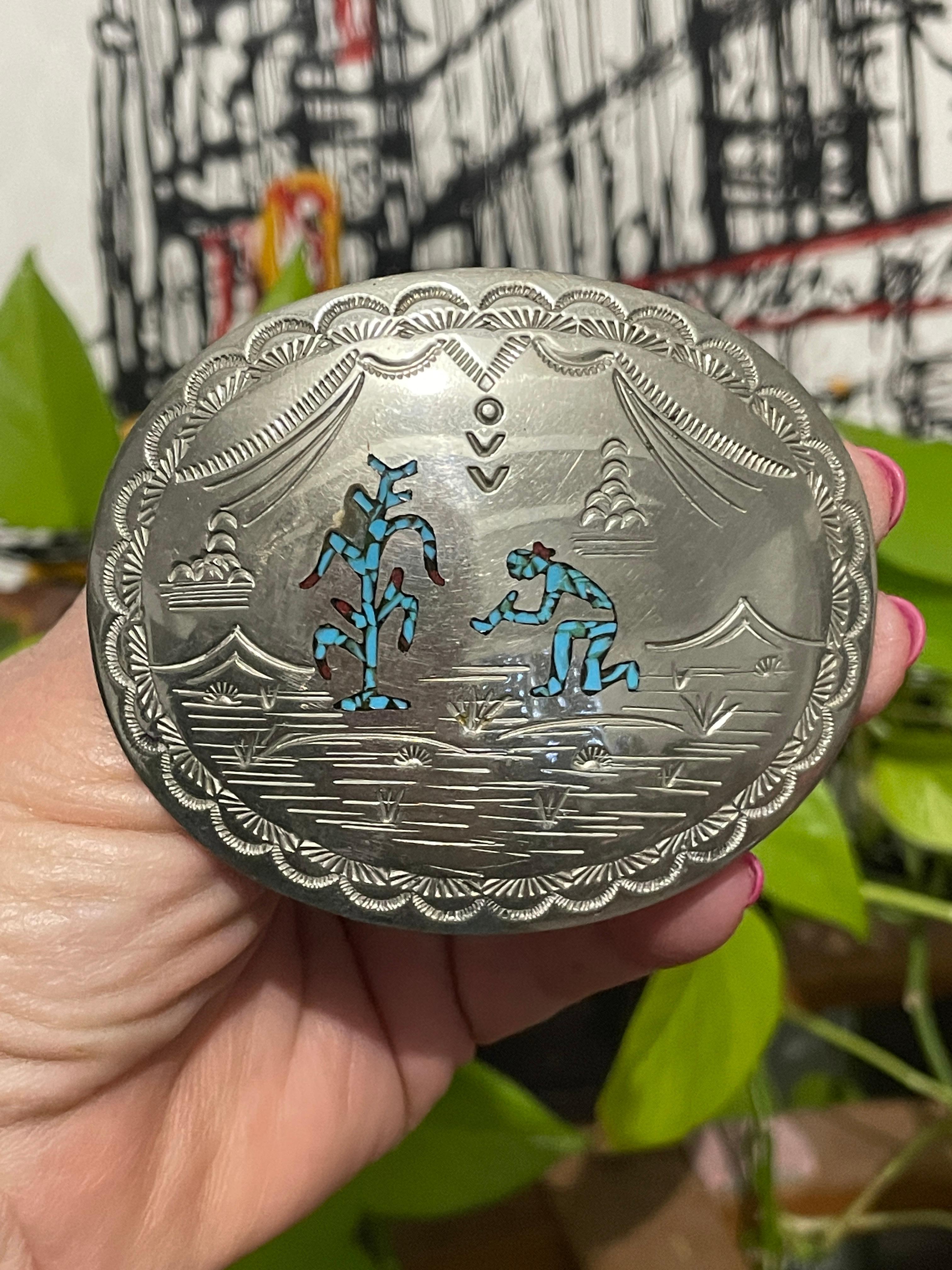 Sterling Silver Turquoise & Coral Native American Belt Buckle Begay In Excellent Condition For Sale In Wallkill, NY