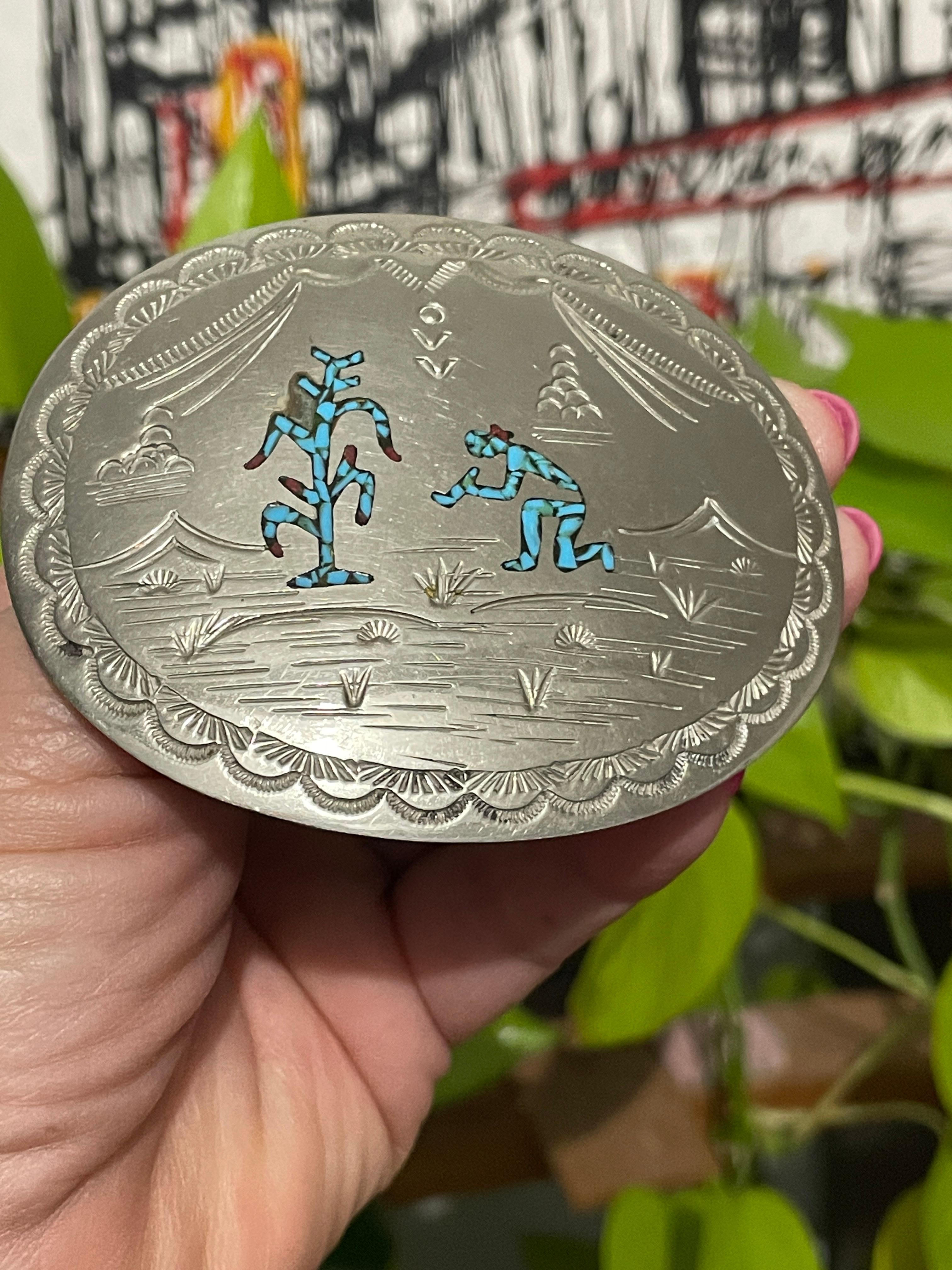 Women's or Men's Sterling Silver Turquoise & Coral Native American Belt Buckle Begay For Sale