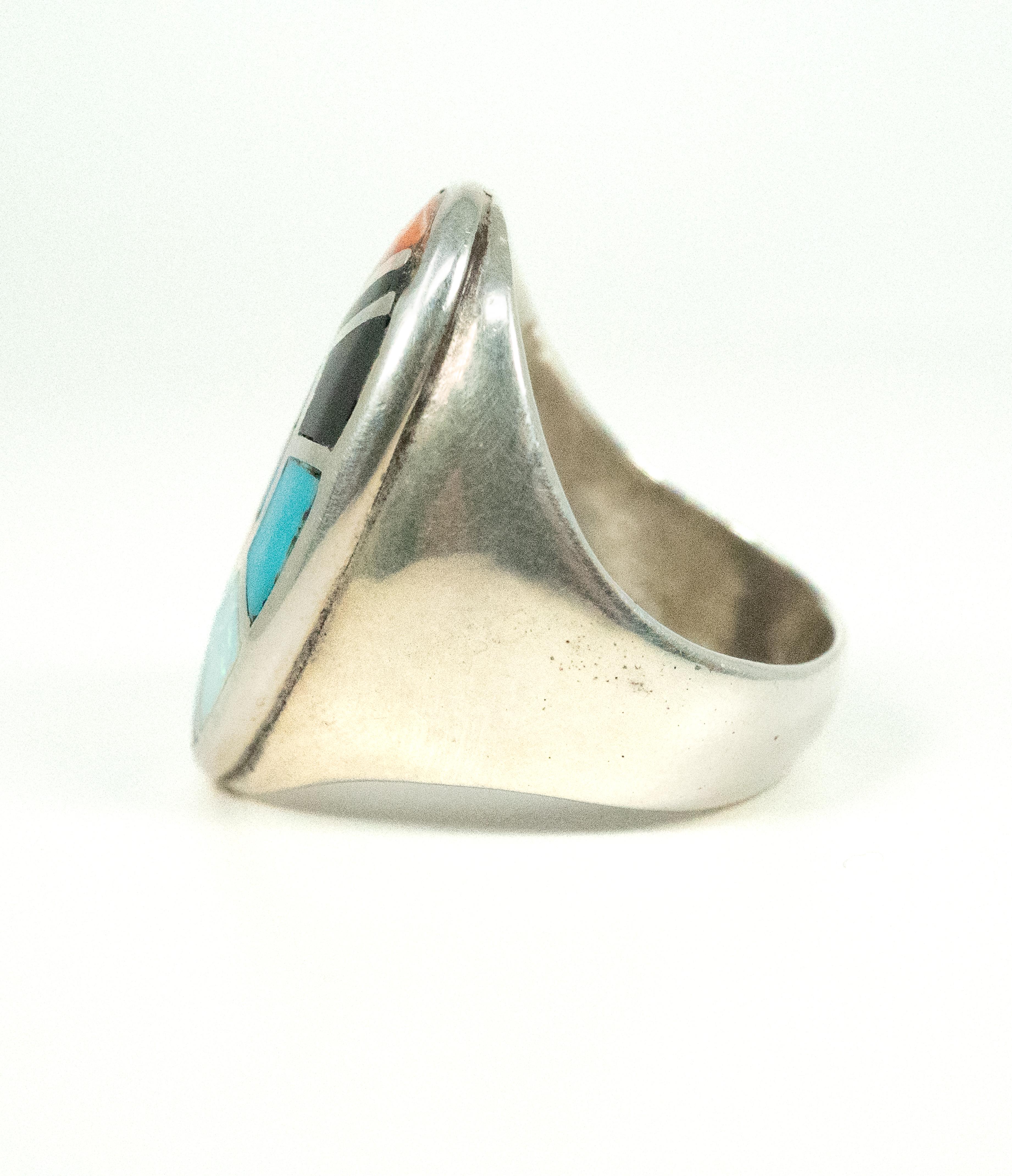 Mixed Cut Sterling Silver Turquoise Coral Opal Lapis Onyx Ring