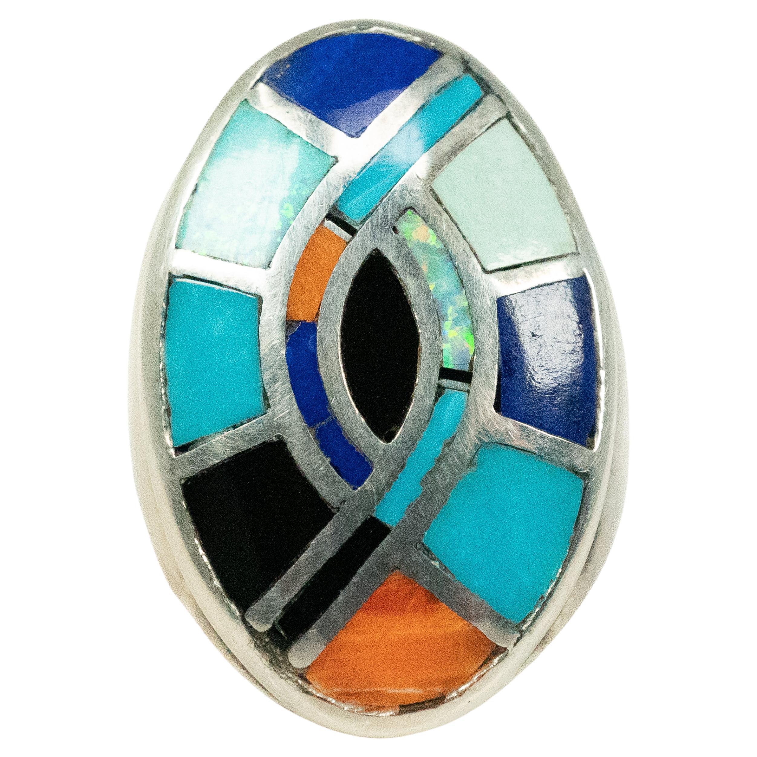 Sterling Silver Turquoise Coral Opal Lapis Onyx Ring