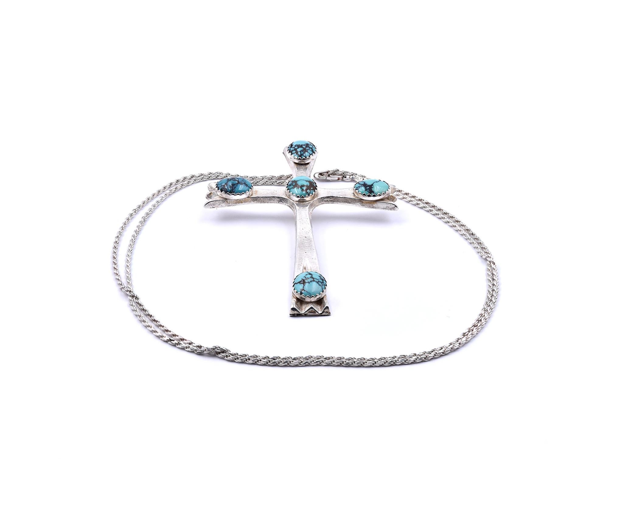 Designer: custom
Material: Sterling Silver 
Weight: 45.96 grams
Measurement: necklace measures 30-inches long, cross measures 3.75 x 2.5-inches 
