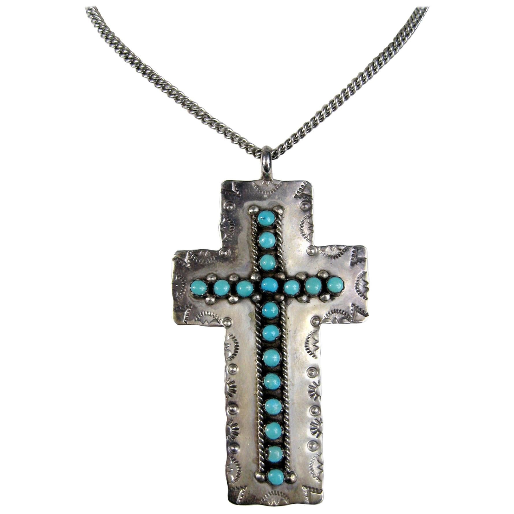  Sterling Silver Turquoise Cross Pendant Necklace Native American Zuni