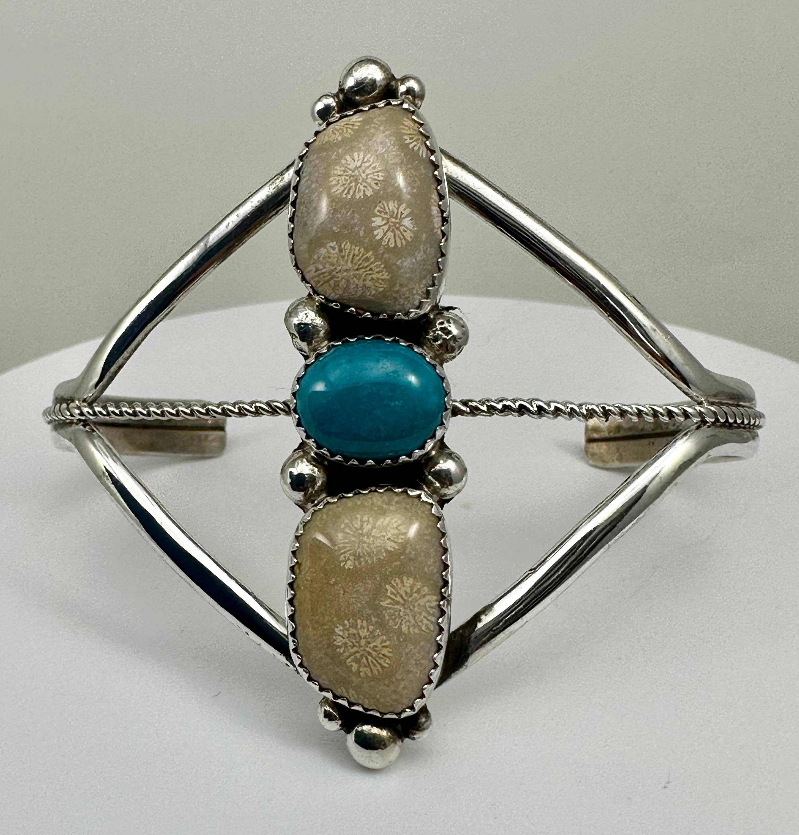 Artisan Sterling Silver Turquoise Cuff Bracelet By Navajo Artist Charles Johnson For Sale