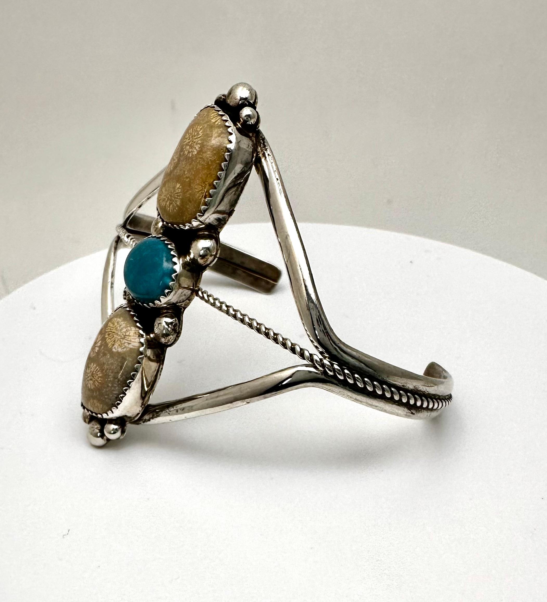 Cabochon Sterling Silver Turquoise Cuff Bracelet By Navajo Artist Charles Johnson For Sale