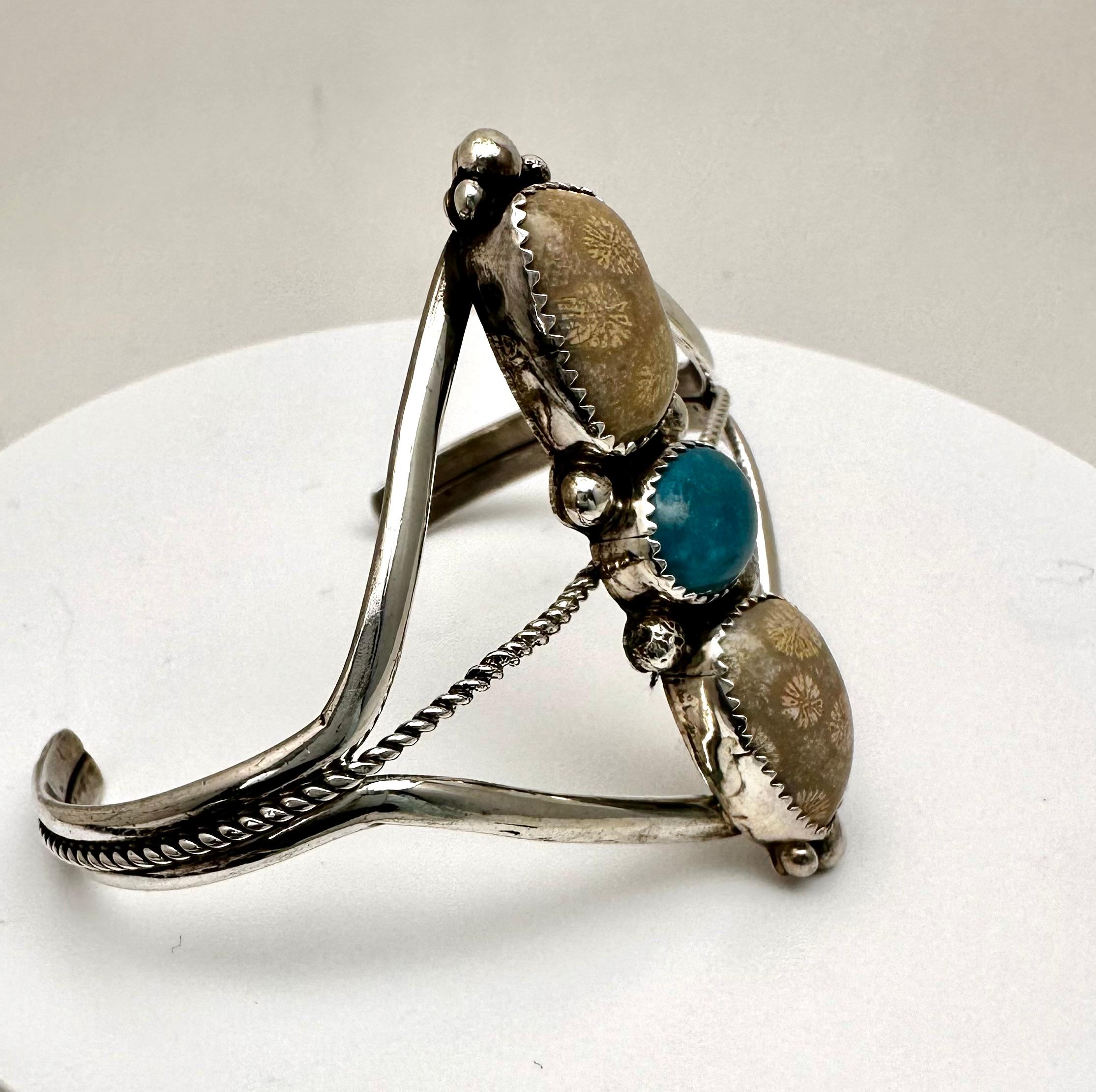 Sterling Silver Turquoise Cuff Bracelet By Navajo Artist Charles Johnson In New Condition For Sale In Las Vegas, NV