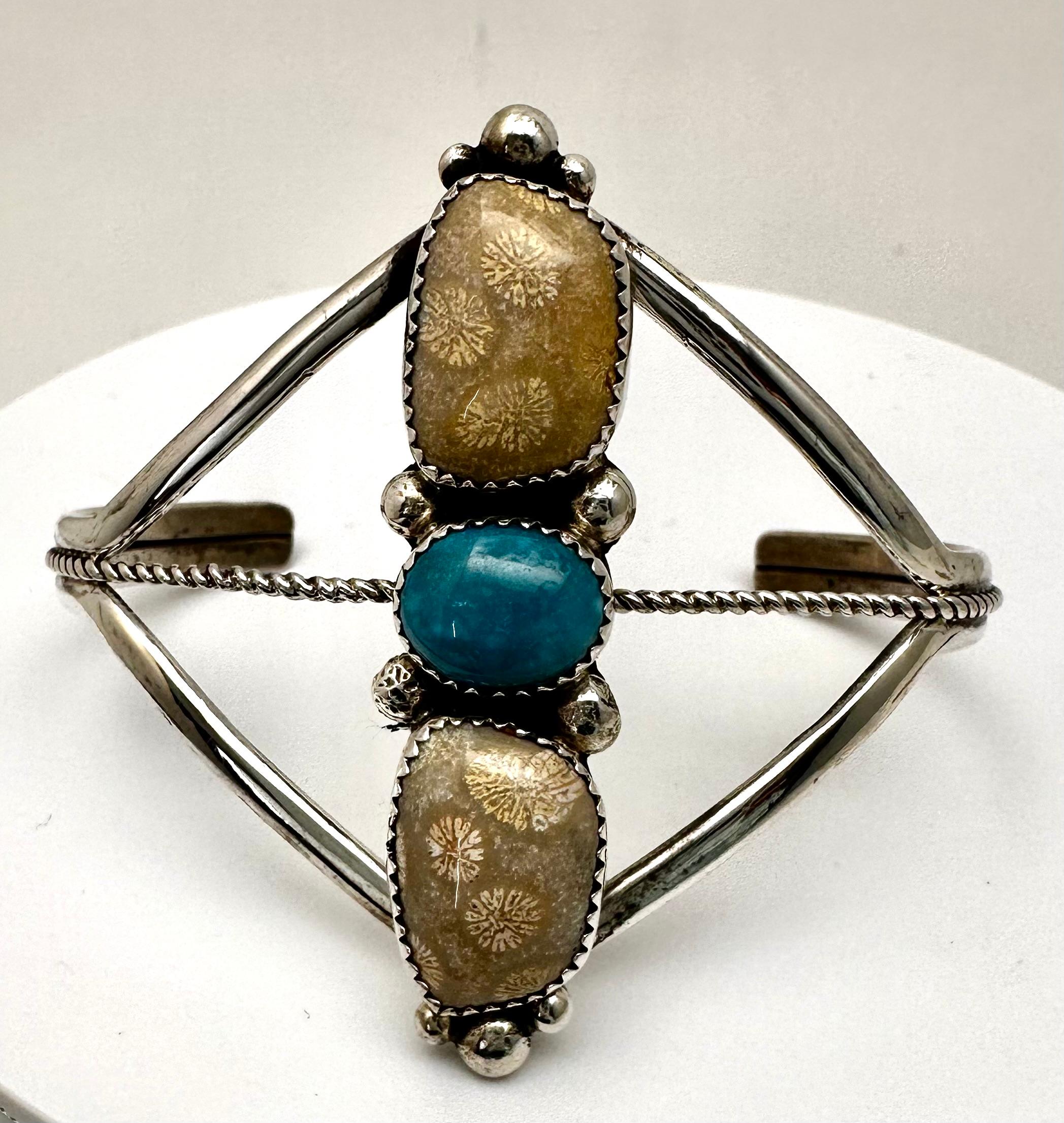 Women's Sterling Silver Turquoise Cuff Bracelet By Navajo Artist Charles Johnson For Sale