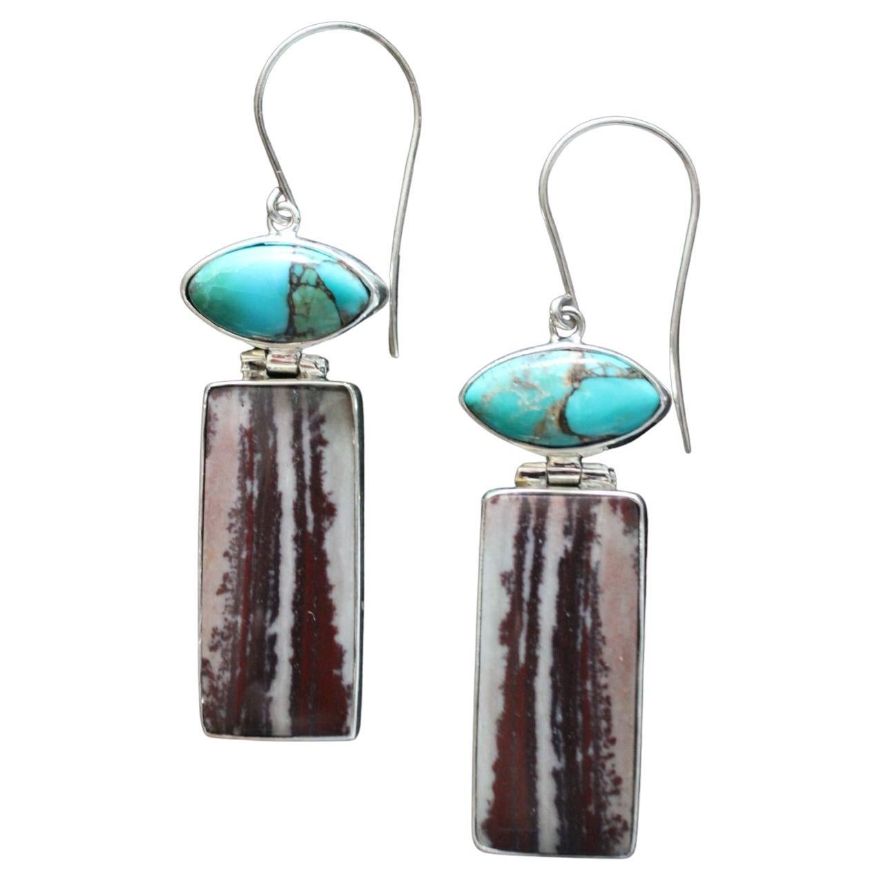 Contemporary Sterling Silver Turquoise & Dendritic Jasper Earrings  For Sale